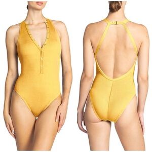 New Robin Piccone Amy Snap One Piece Swimsuit High Neck Open Back Sz 6